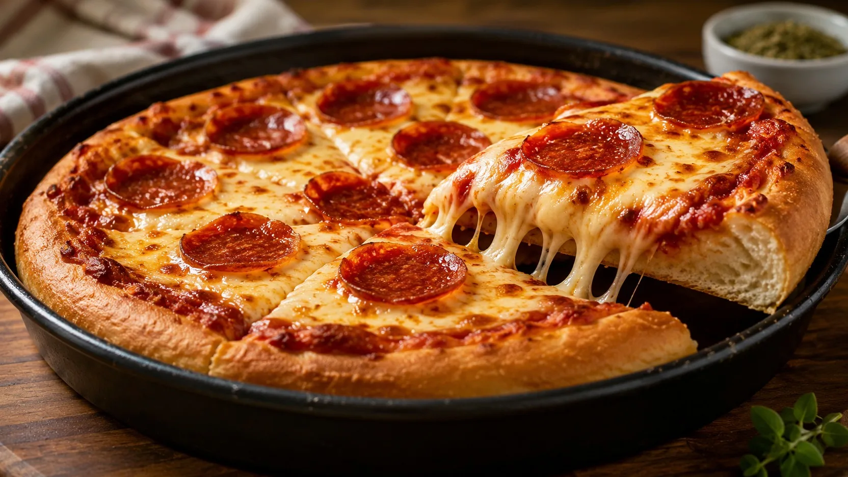 Pizza pan de pepperoni em forma redonda escura, com massa alta e dourada, queijo derretido e uma fatia levantada mostrando o miolo macio.