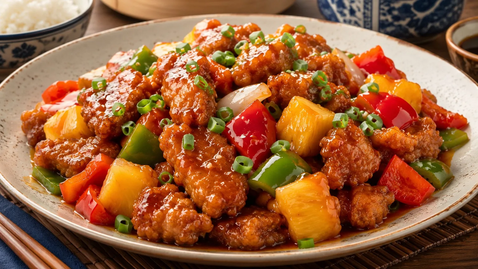 Porco agridoce cantonês com pedaços de carne suína crocante cobertos por molho avermelhado brilhante, pimentões vermelho e verde, cebola e abacaxi em prato de cerâmica, finalizado com cebolinha e gergelim.