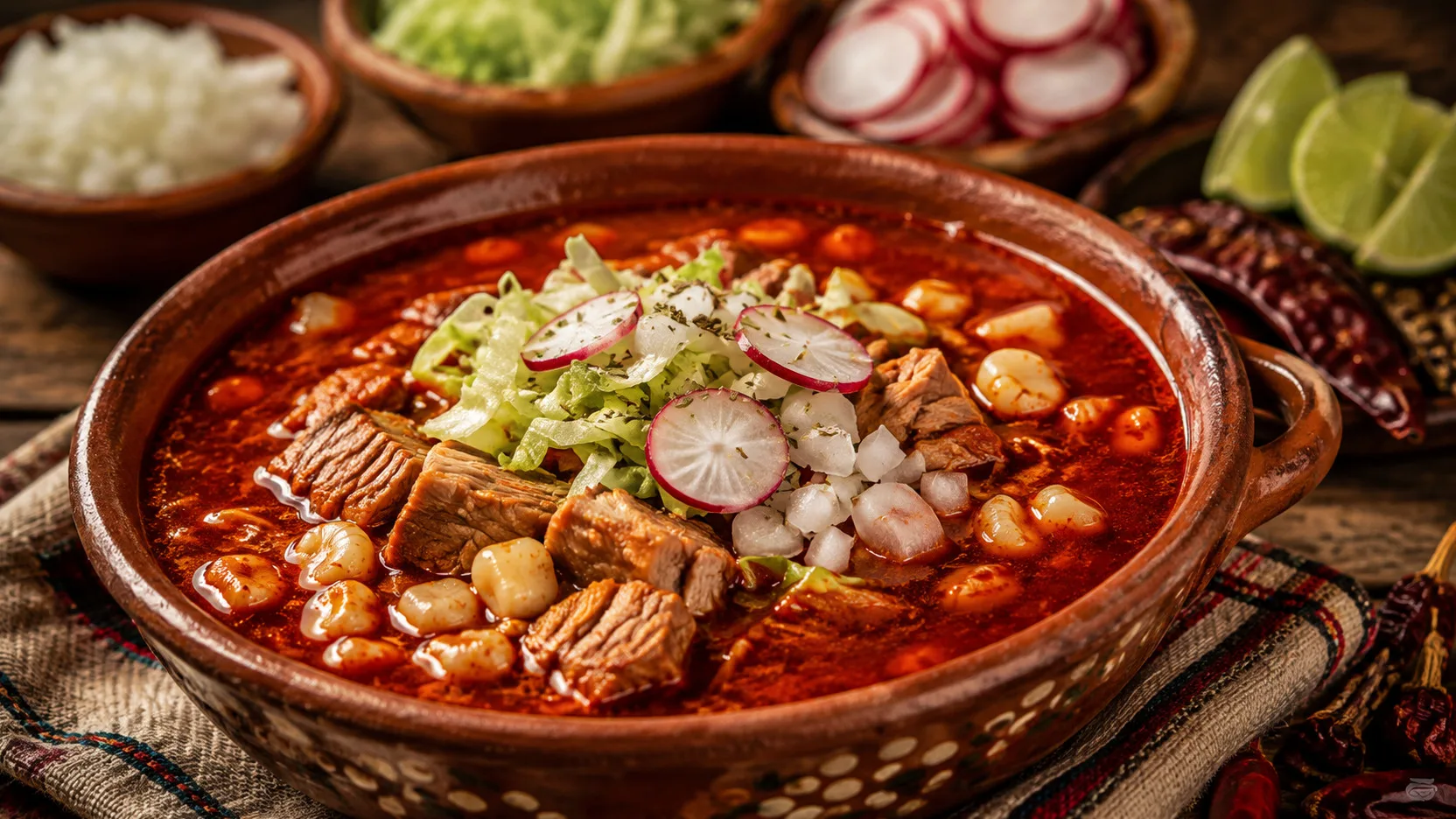 Tigela de pozole rojo mexicano com caldo vermelho de chiles, pedaços de porco e grãos de milho, coberta com alface, rabanete e cebola, com limão e chiles secos ao redor.