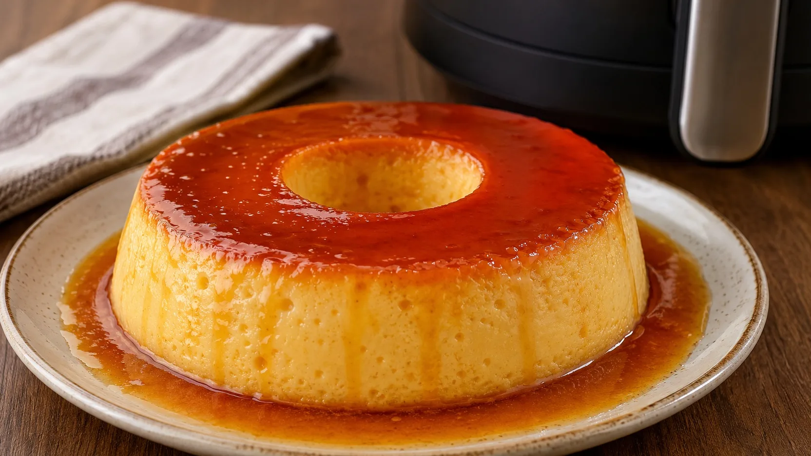 Pudim de leite condensado com calda de caramelo brilhante em prato claro, com uma Air Fryer ao fundo.