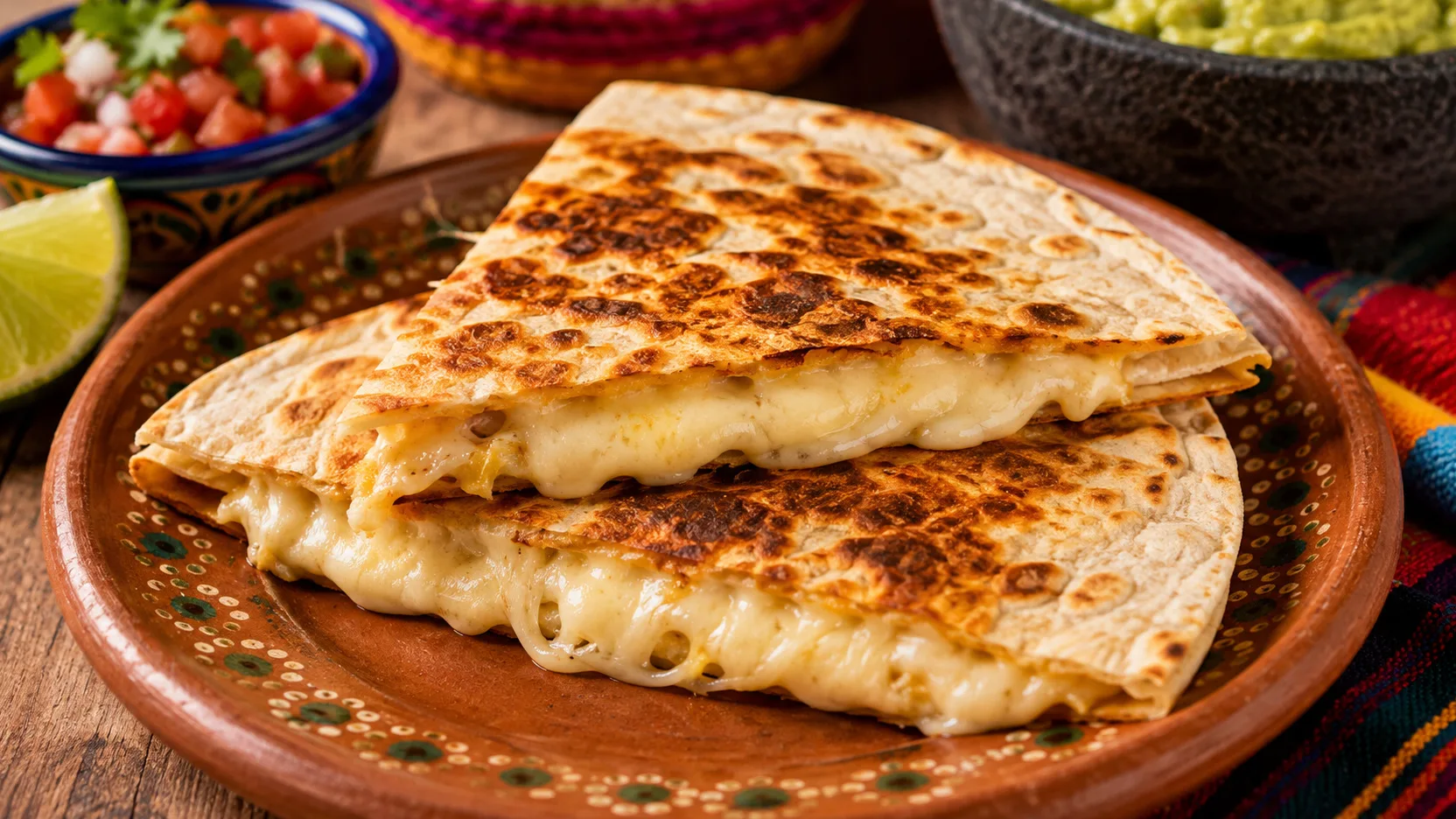 Quesadillas dobradas e cortadas em triângulos, com tortilla dourada na frigideira e queijo derretido escorrendo, servidas em prato de barro com salsa, limão e guacamole ao fundo.