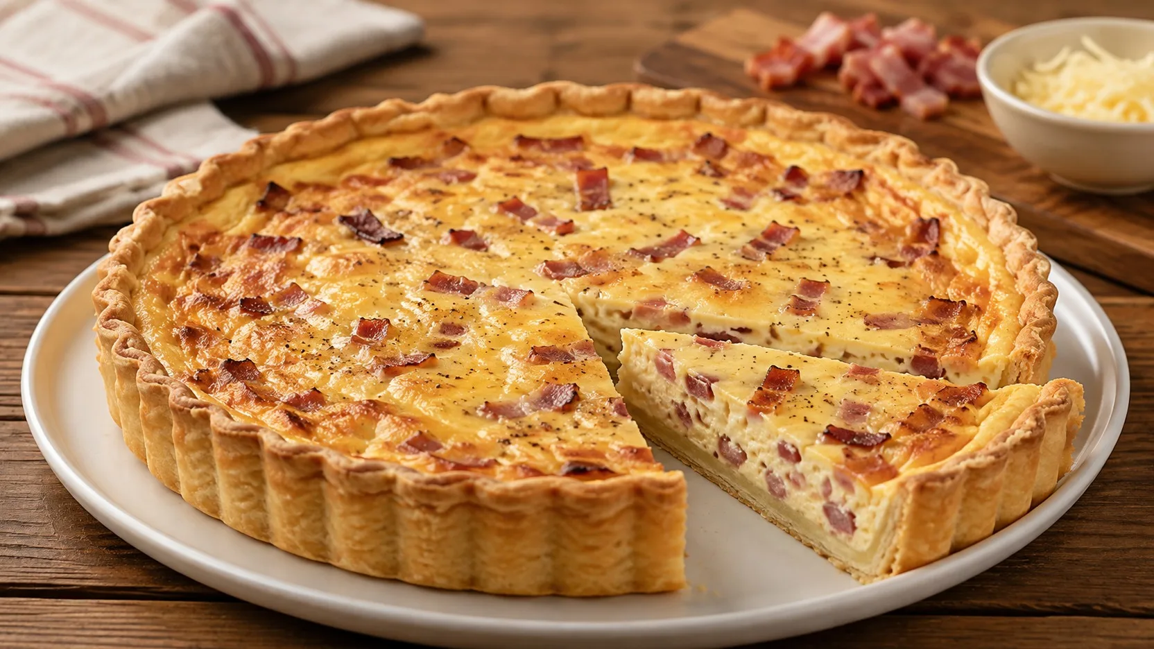 Quiche Lorraine dourada em forma de borda canelada, com recheio cremoso de ovos, creme, bacon e queijo, servida em prato branco com uma fatia cortada.