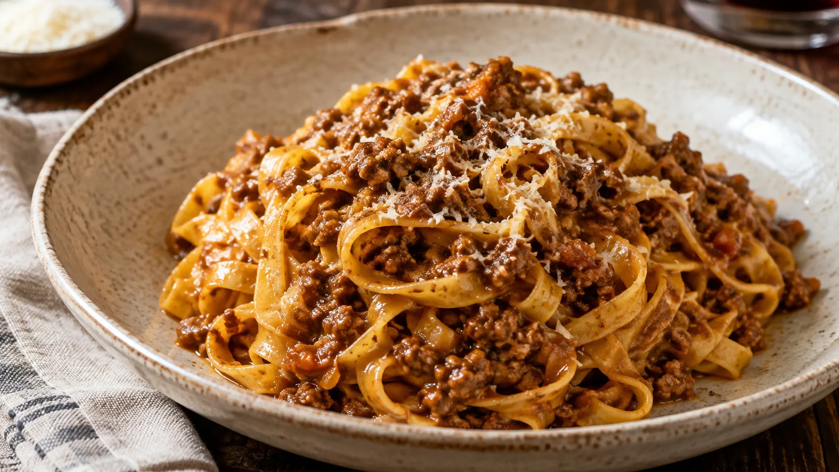 Tagliatelle em prato de cerâmica coberta com ragù alla bolognese espesso e rico em carne, finalizada com queijo ralado.