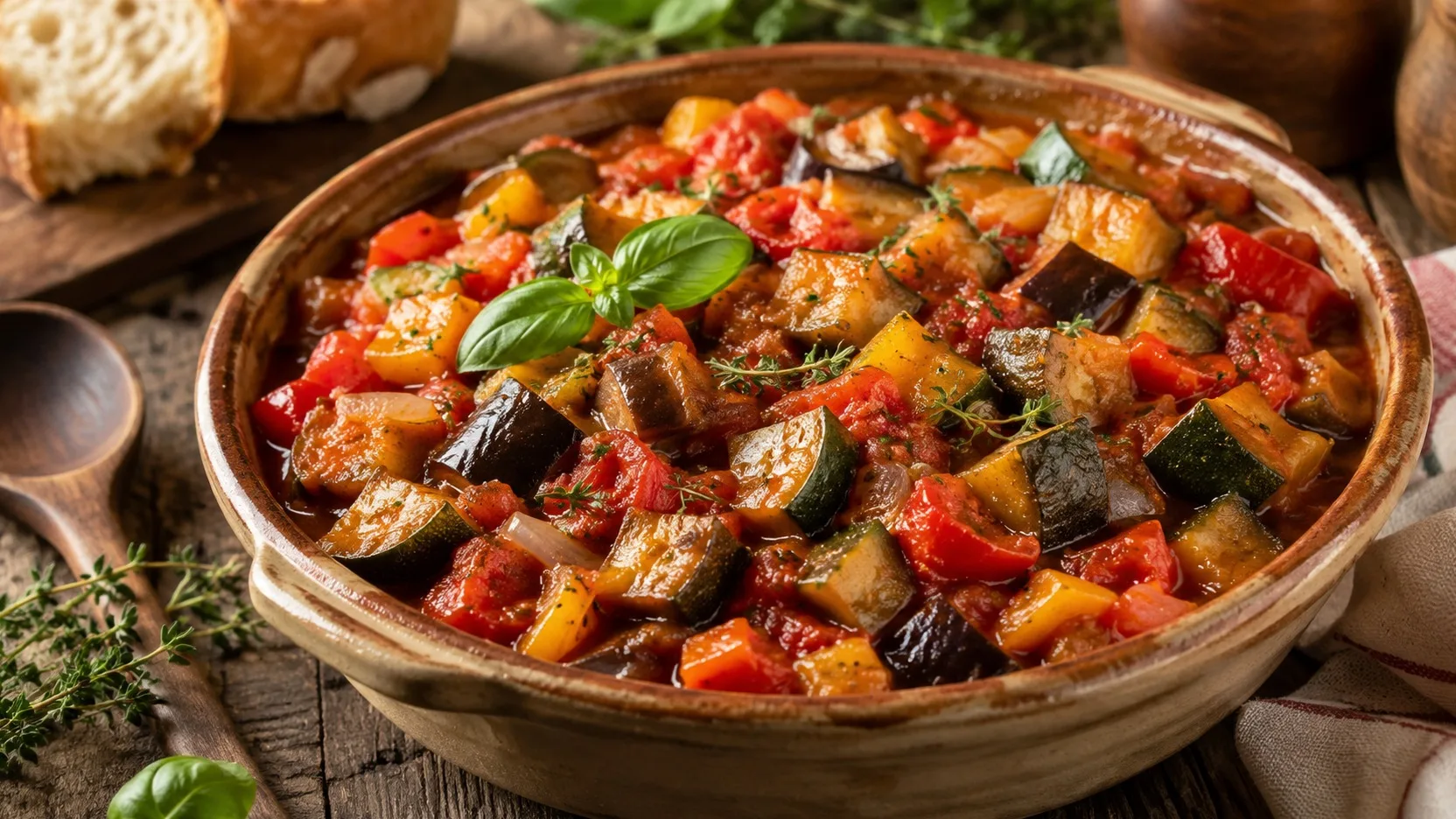 Ratatouille tradicional em tigela de barro, com pedaços de berinjela, abobrinha, tomate e pimentões, finalizado com manjericão e tomilho sobre mesa rústica.