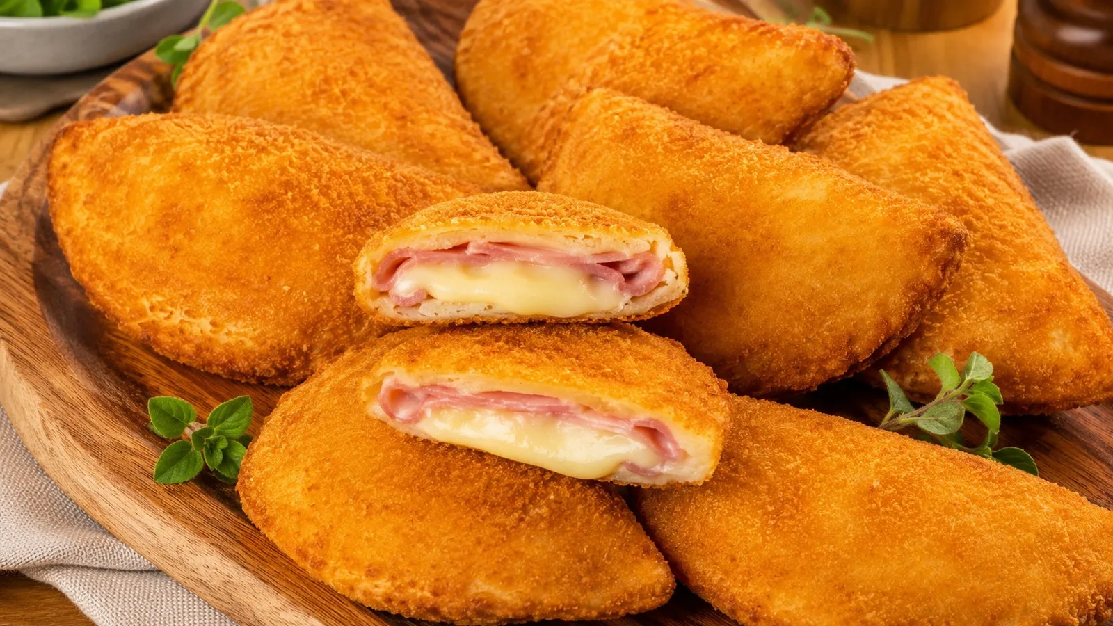 Risoles de presunto e queijo empanados e dourados em formato de meia-lua, com dois cortados ao meio mostrando presunto e queijo derretido.