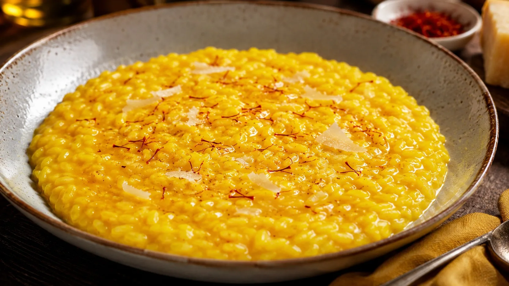 Risotto alla milanese amarelo e cremoso em prato raso de cerâmica, finalizado com fios de açafrão e lascas de queijo.