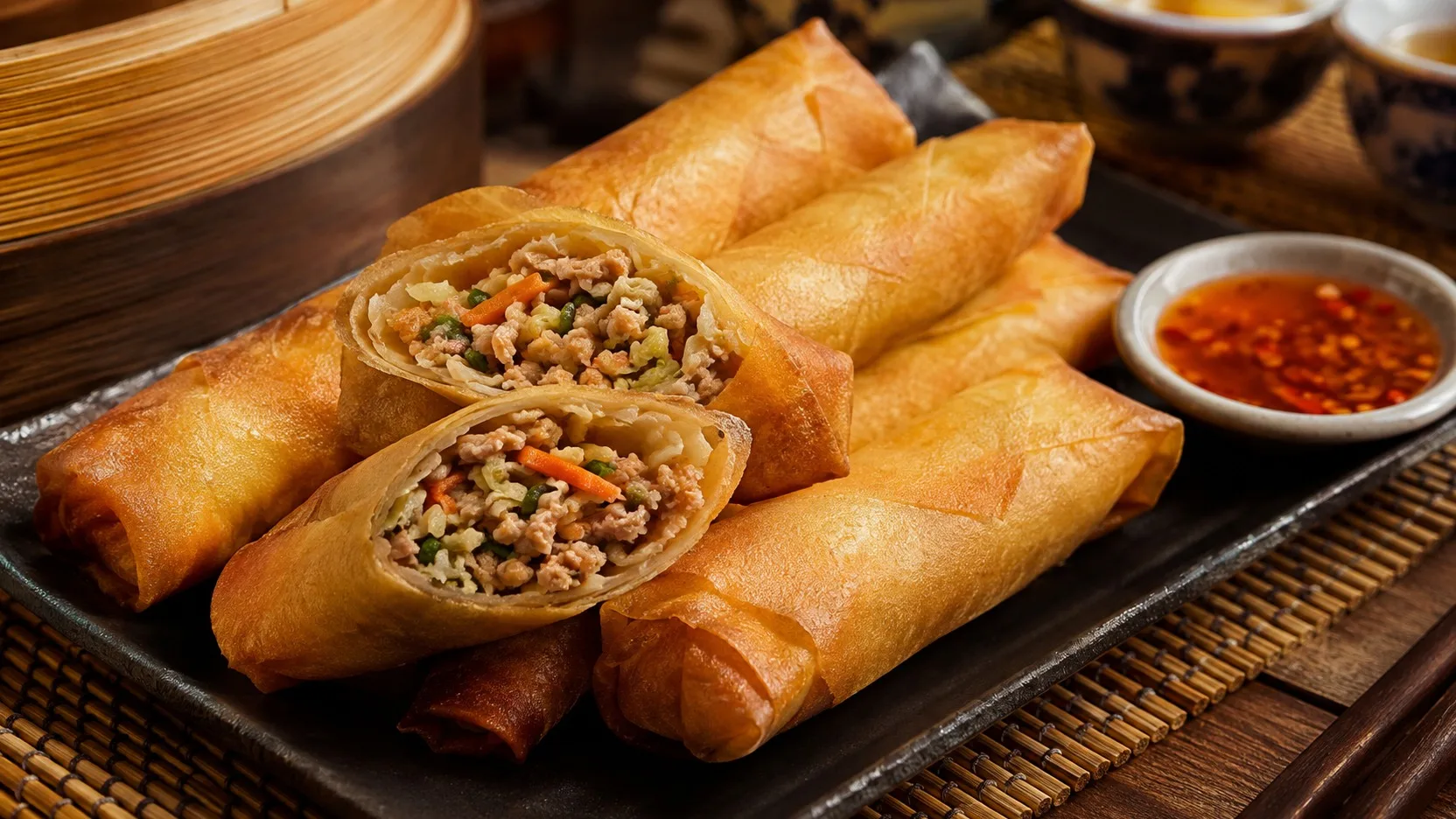 Rolinho primavera chinês dourado e crocante, com dois rolinhos cortados mostrando recheio de porco, repolho, cenoura e cebolinha, servido em prato escuro com molho agridoce avermelhado ao lado.