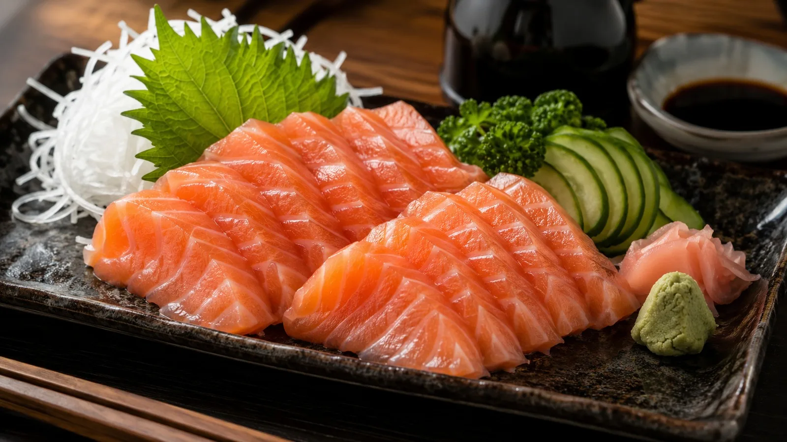 Fatias de sashimi de salmão dispostas em prato retangular escuro, com daikon, folha verde, pepino, gengibre, wasabi e molho de soja ao fundo.