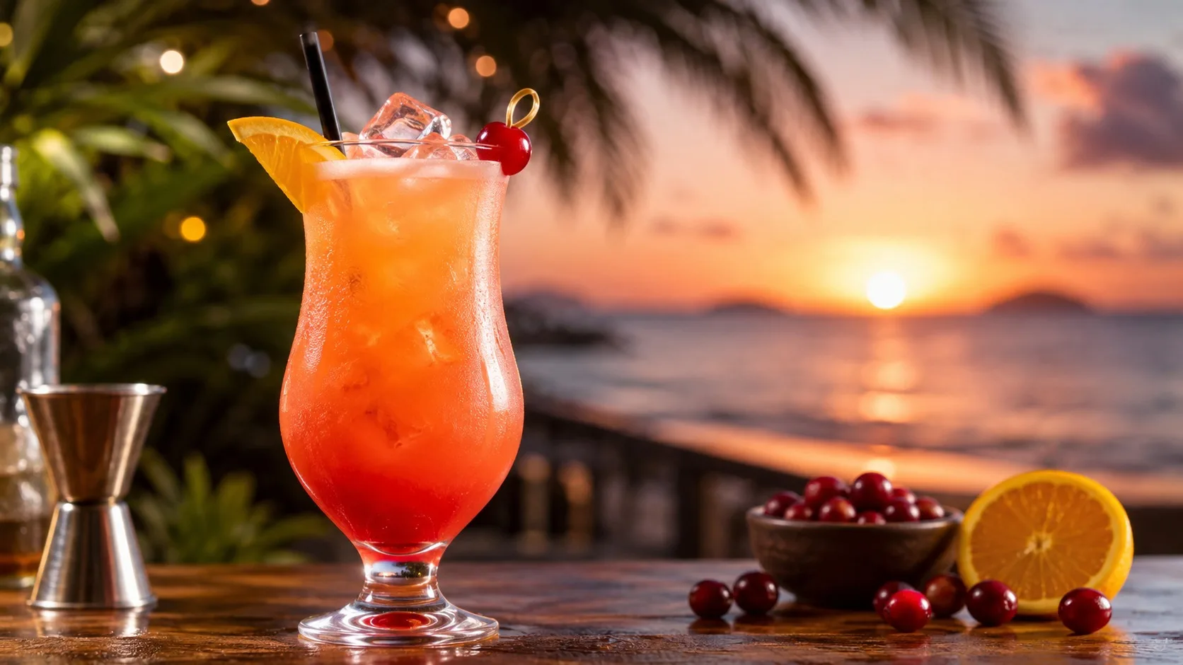 Coquetel Sex on the Beach em taça hurricane com gelo, degradê laranja e vermelho, fatia de laranja e cereja, diante de uma praia ao pôr do sol.
