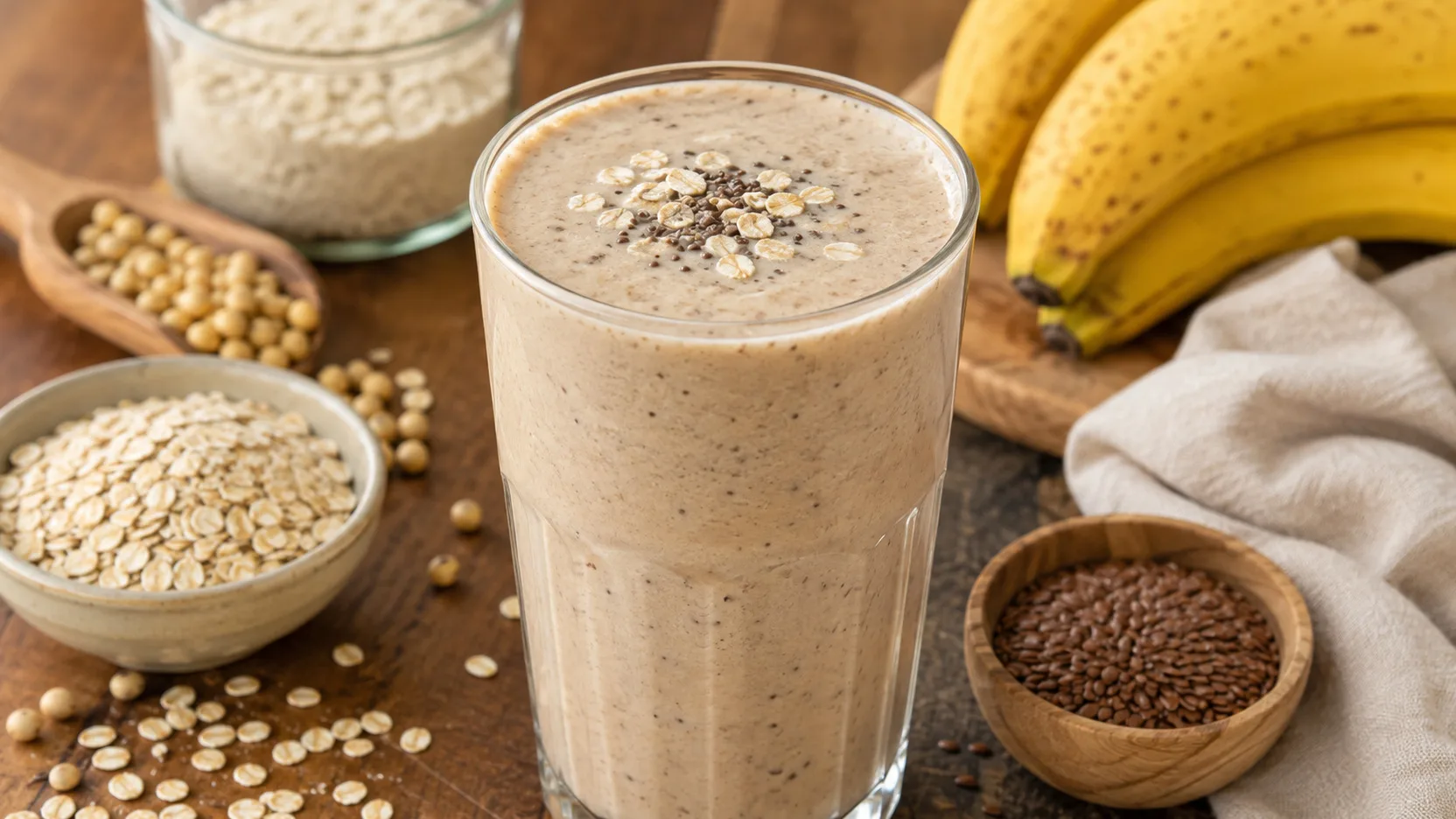 Copo alto de shake cremoso de banana com aveia e sementes, cercado por bananas, flocos de aveia, grãos de soja e linhaça sobre mesa de madeira.