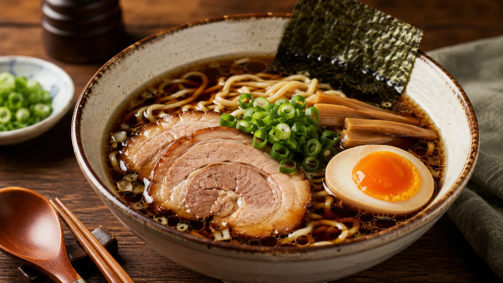 Tigela de shoyu ramen com caldo escuro e brilhante, macarrão ondulado, fatias de chashu, meio ovo de gema cremosa, cebolinha, broto de bambu e nori sobre mesa de madeira.