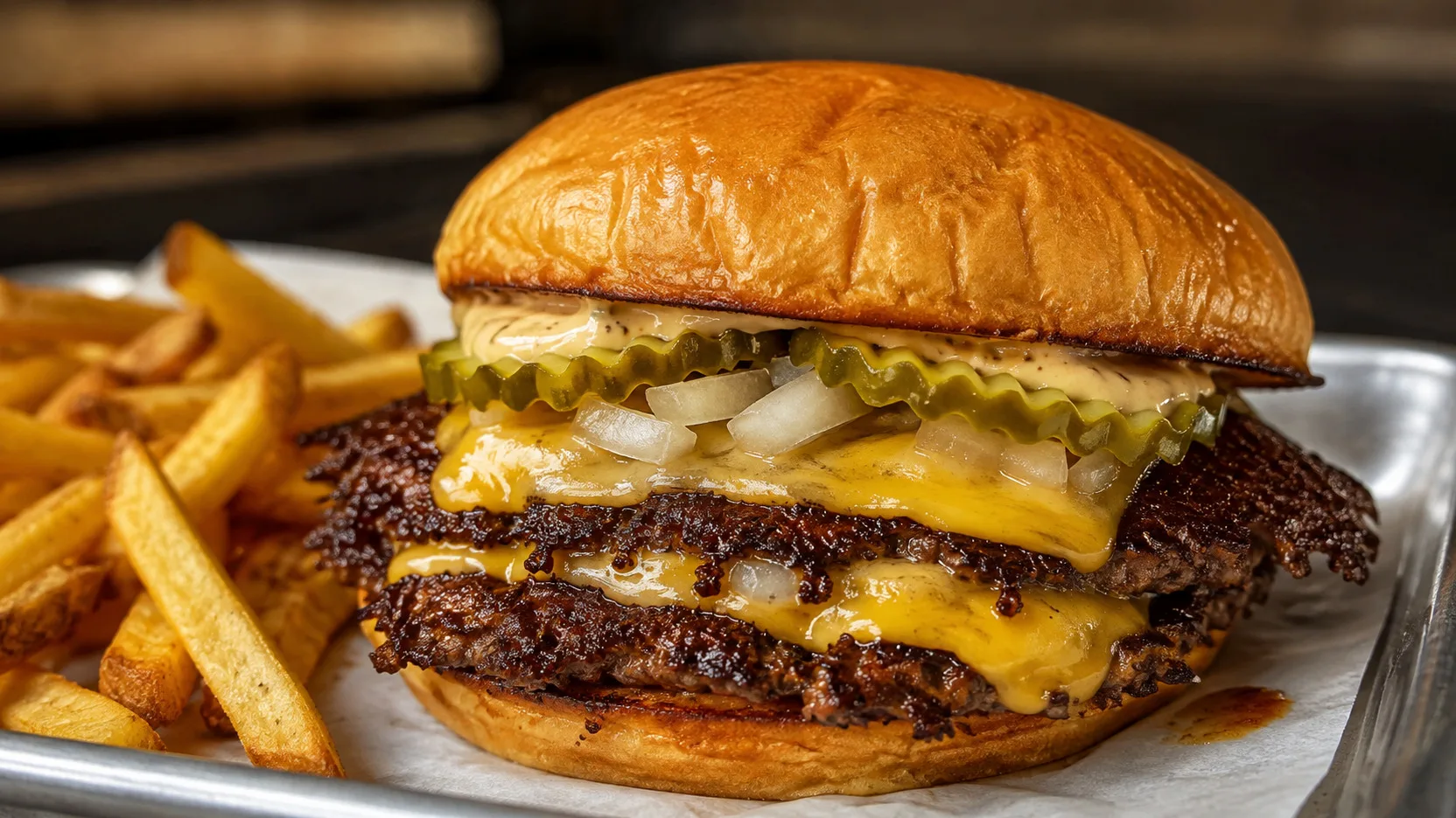Smash burger duplo em pão dourado, com dois discos finos de carne de crosta escura, queijo derretido, picles, cebola, molho cremoso e batatas fritas ao lado.