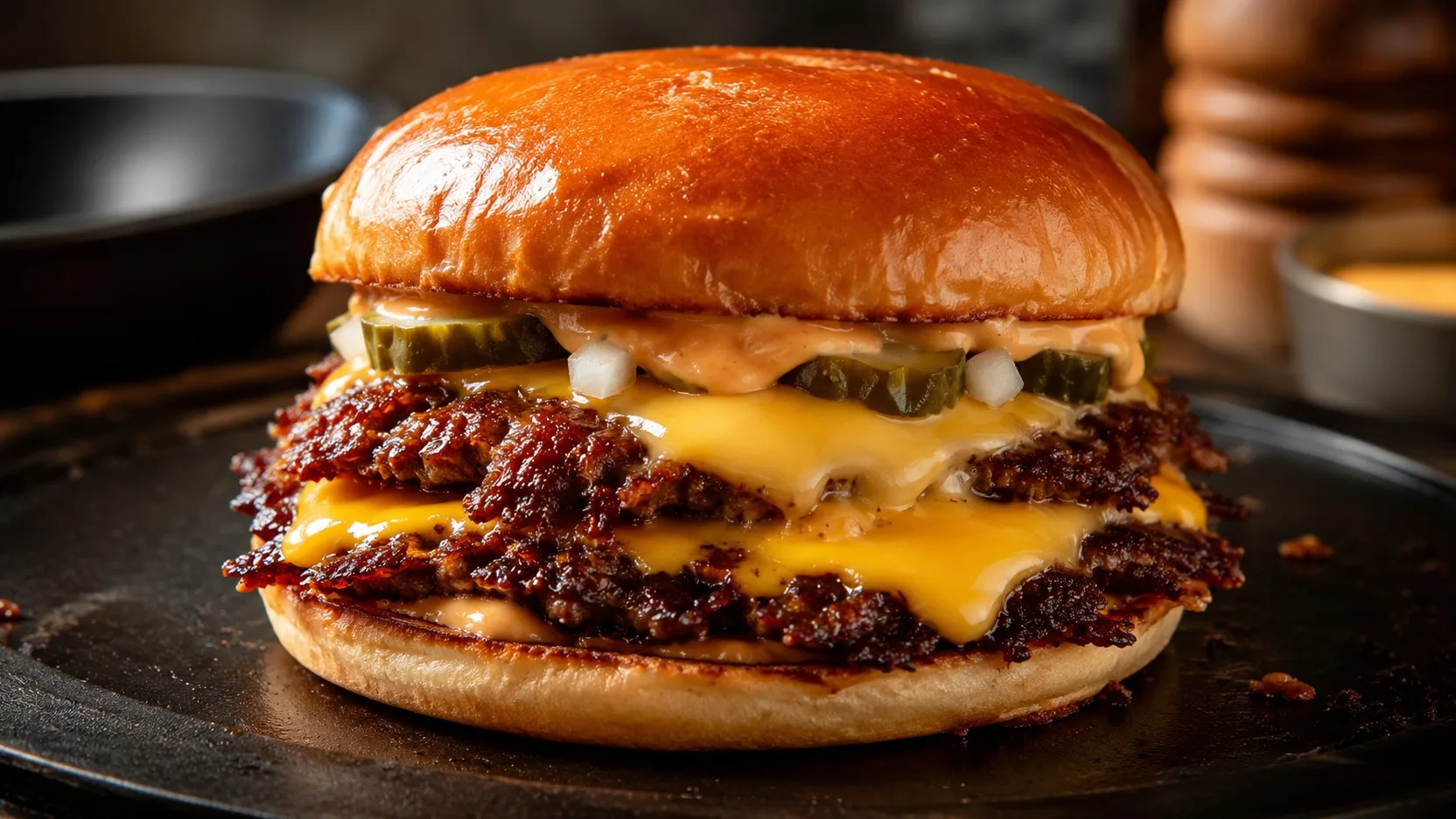 Smash cheeseburger duplo em pão brioche tostado, com dois discos finos de carne de crosta intensa, queijo derretido, picles, cebola picada e molho cremoso, fotografado sobre chapa escura.