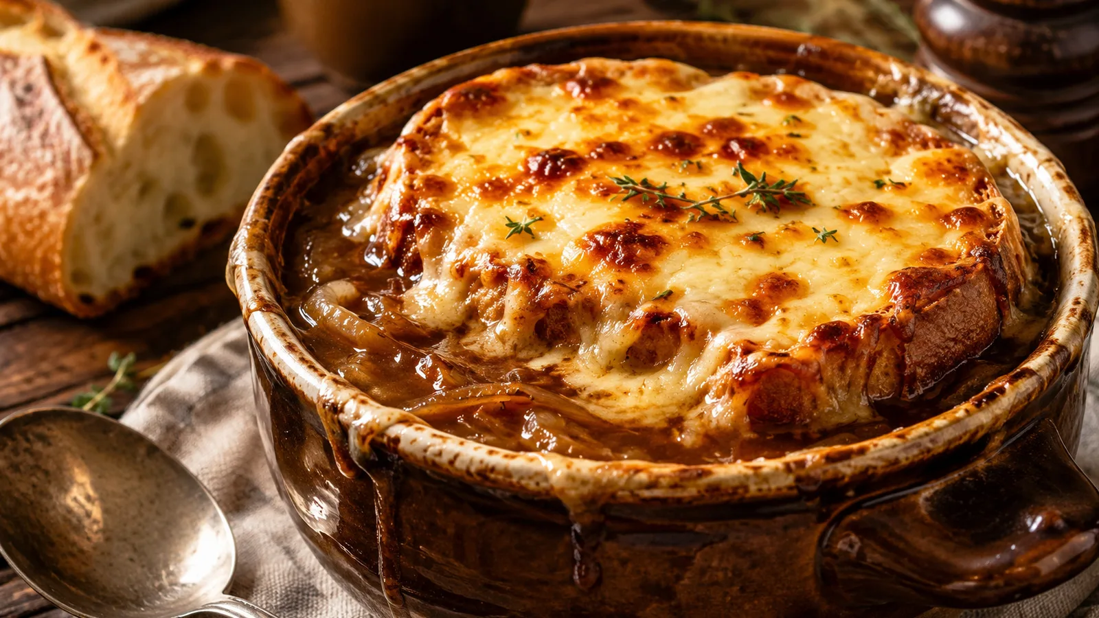 Tigela rústica de sopa de cebola francesa com caldo castanho, fios de cebola caramelizada, baguete coberta por queijo gratinado bem dourado e ramos de tomilho.