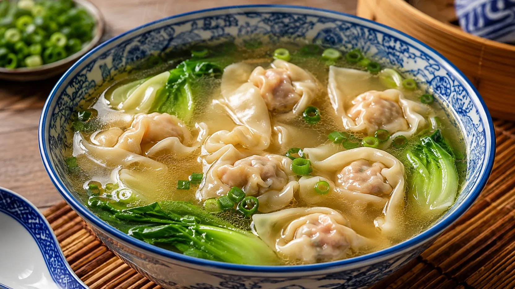 Tigela de porcelana azul e branca com sopa de wonton de porco em caldo claro, bok choy e cebolinha.