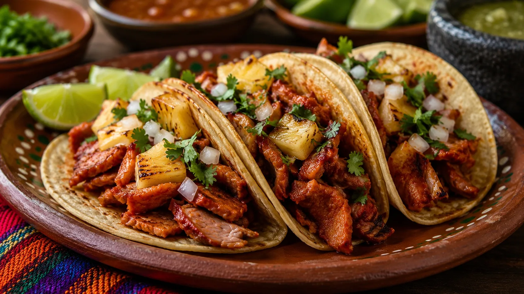 Três tacos al pastor em tortillas de milho, recheados com porco avermelhado e dourado, abacaxi caramelizado, cebola e coentro, servidos com limão em prato de barro.