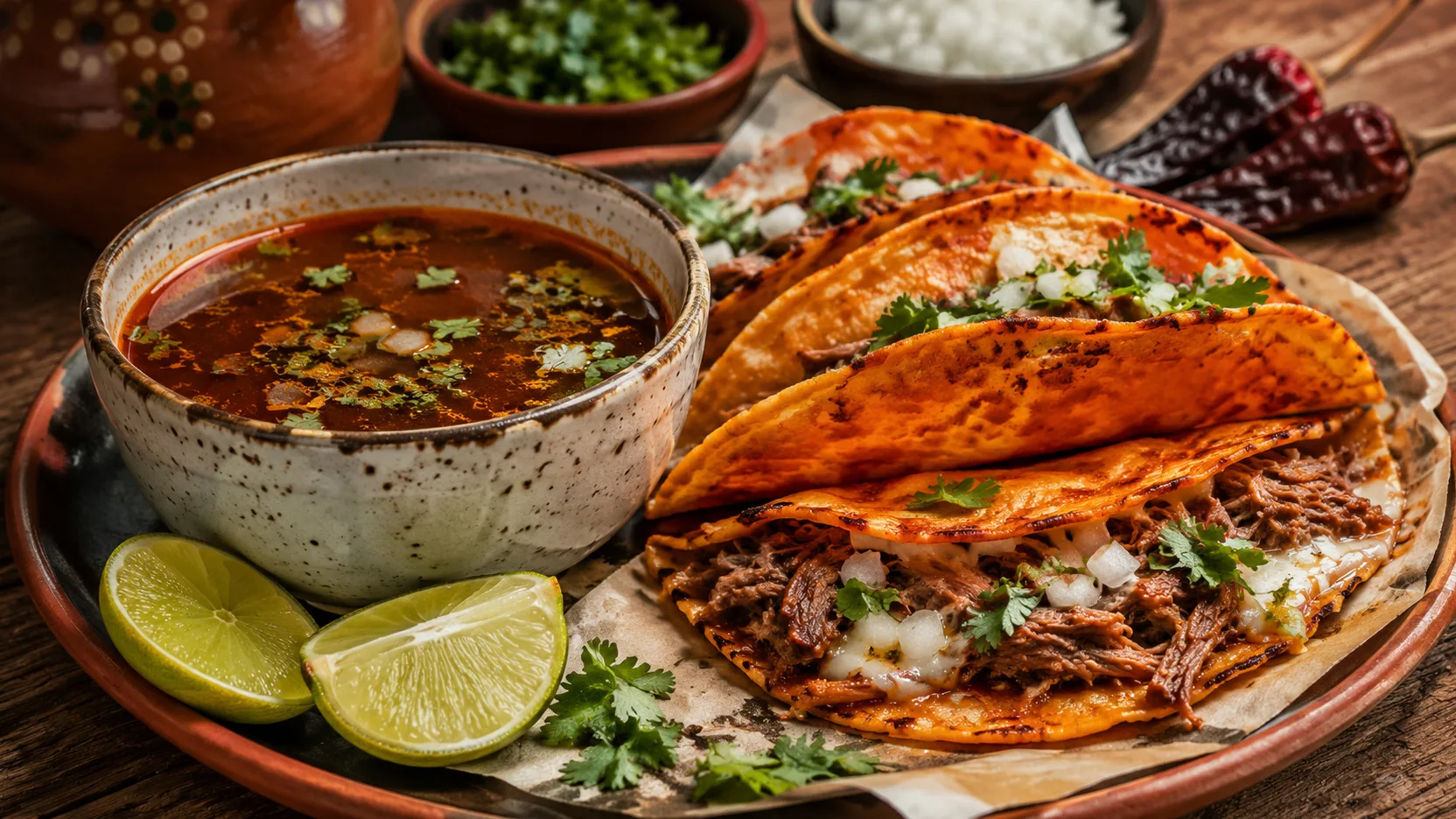 Tacos de birria de carne desfiada em tortillas vermelhas e crocantes, com queijo derretido, cebola, coentro, limão e tigela de consomê ao lado.