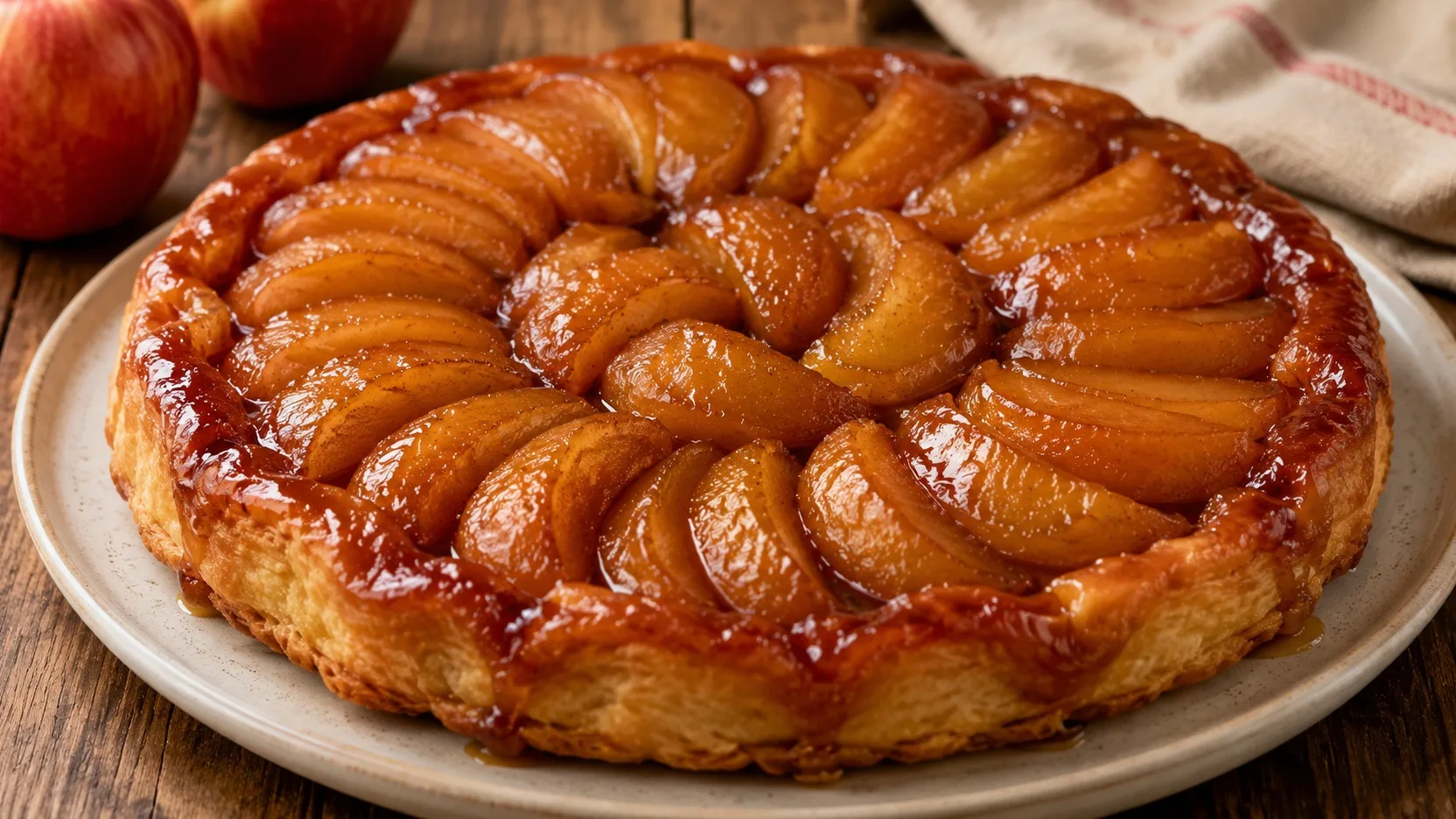 Tarte Tatin de maçã desenformada em prato claro, com gomos de maçã caramelizados e brilhantes sobre massa folhada dourada.