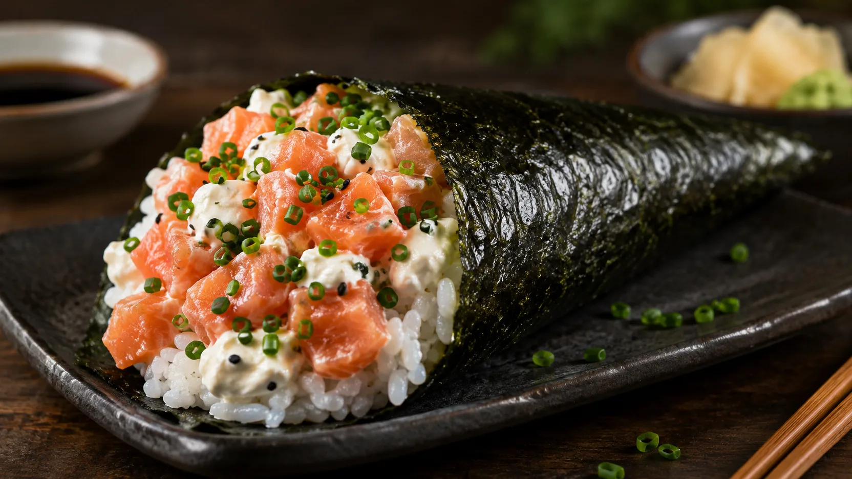 Temaki de salmão em cubos com cream cheese, cebolinha e gergelim preto, com shari em cone de nori sobre prato de cerâmica escura.