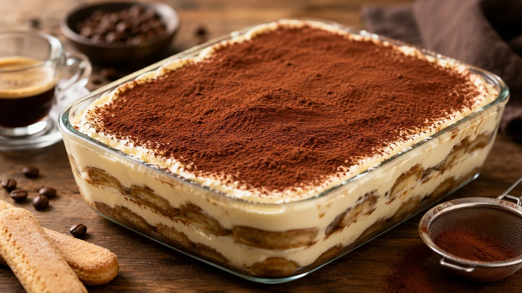 Tiramisù em travessa de vidro, com camadas de biscoitos embebidos em café e creme de mascarpone, coberto com cacau em pó, ao lado de espresso e biscoitos.
