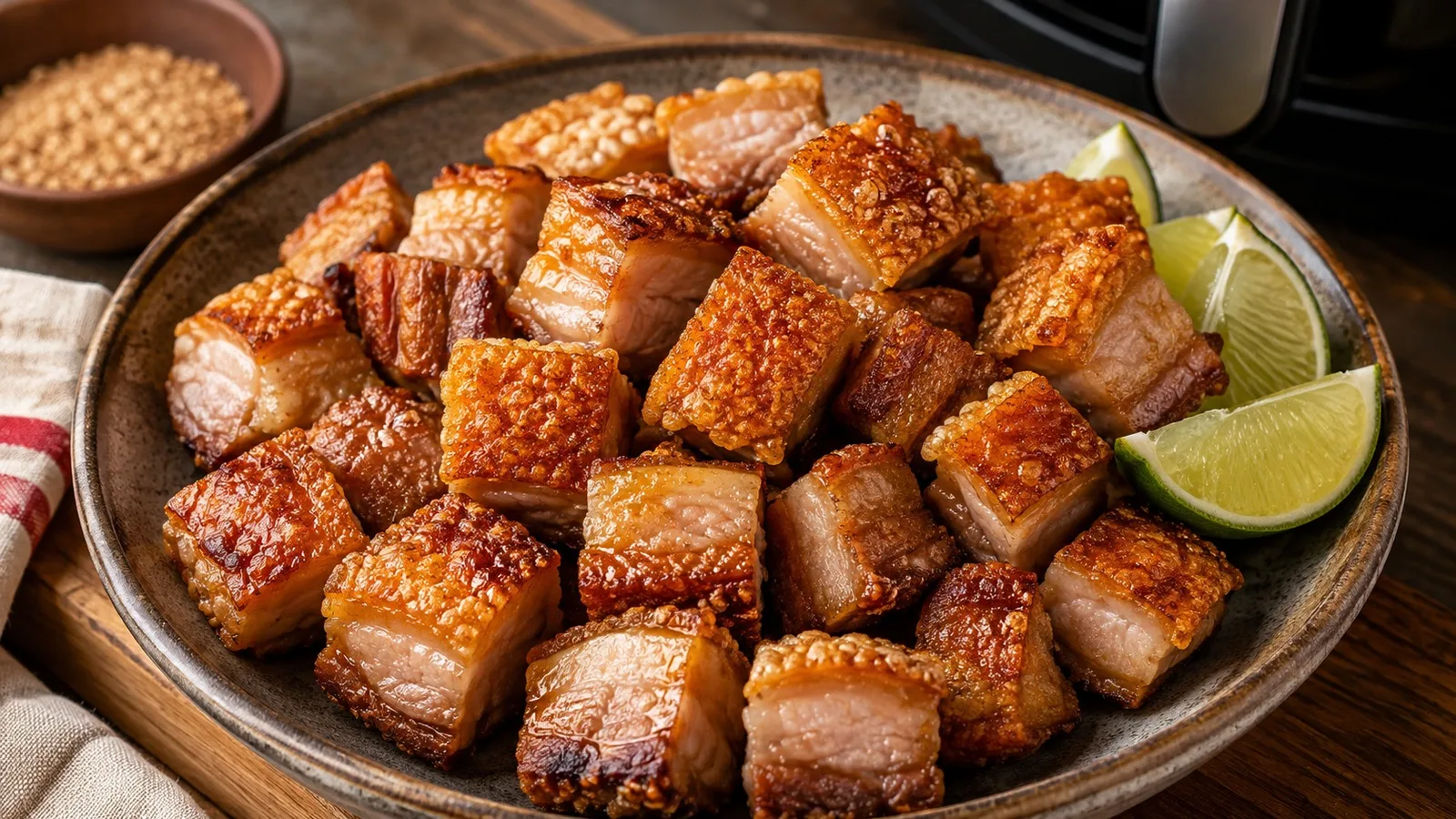 Cubos de torresmo de barriga de porco dourados e crocantes, com couro pururucado, servidos em prato rústico com gomos de limão ao lado.