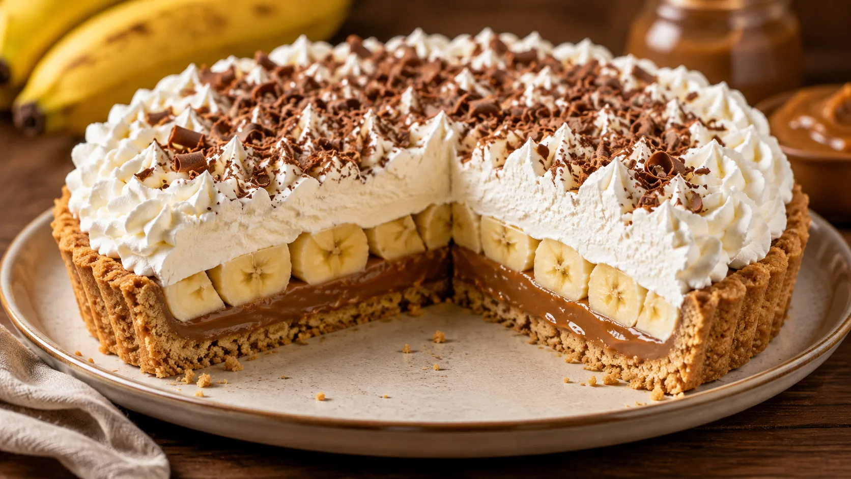 Torta banoffee em prato claro, com uma fatia retirada mostrando base crocante de biscoito, doce de leite, rodelas de banana e chantilly, finalizada com raspas de chocolate.