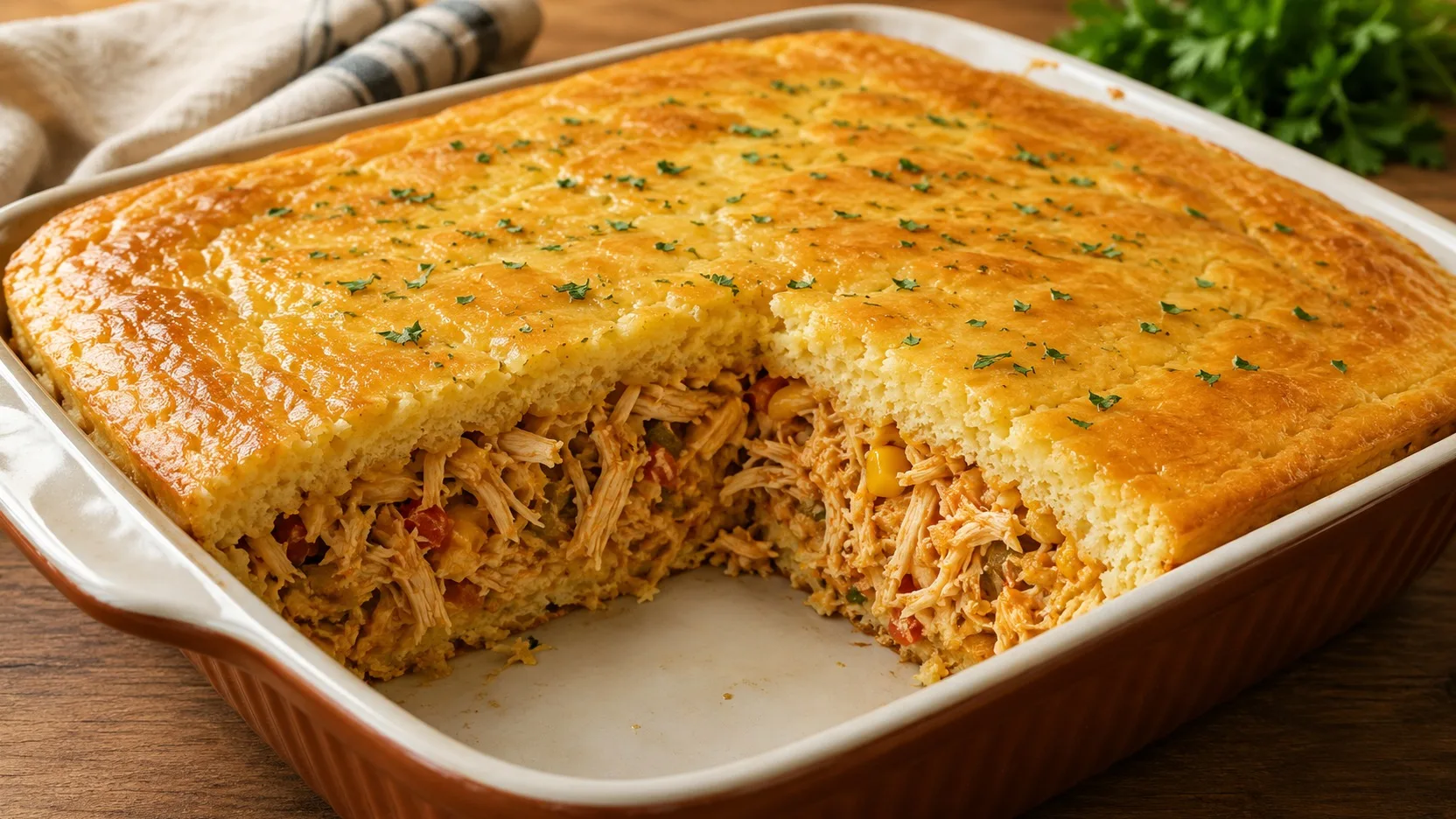 Torta de frango de liquidificador dourada em assadeira retangular de cerâmica, com uma porção retirada mostrando recheio de frango desfiado, milho e tomate sob a massa assada.
