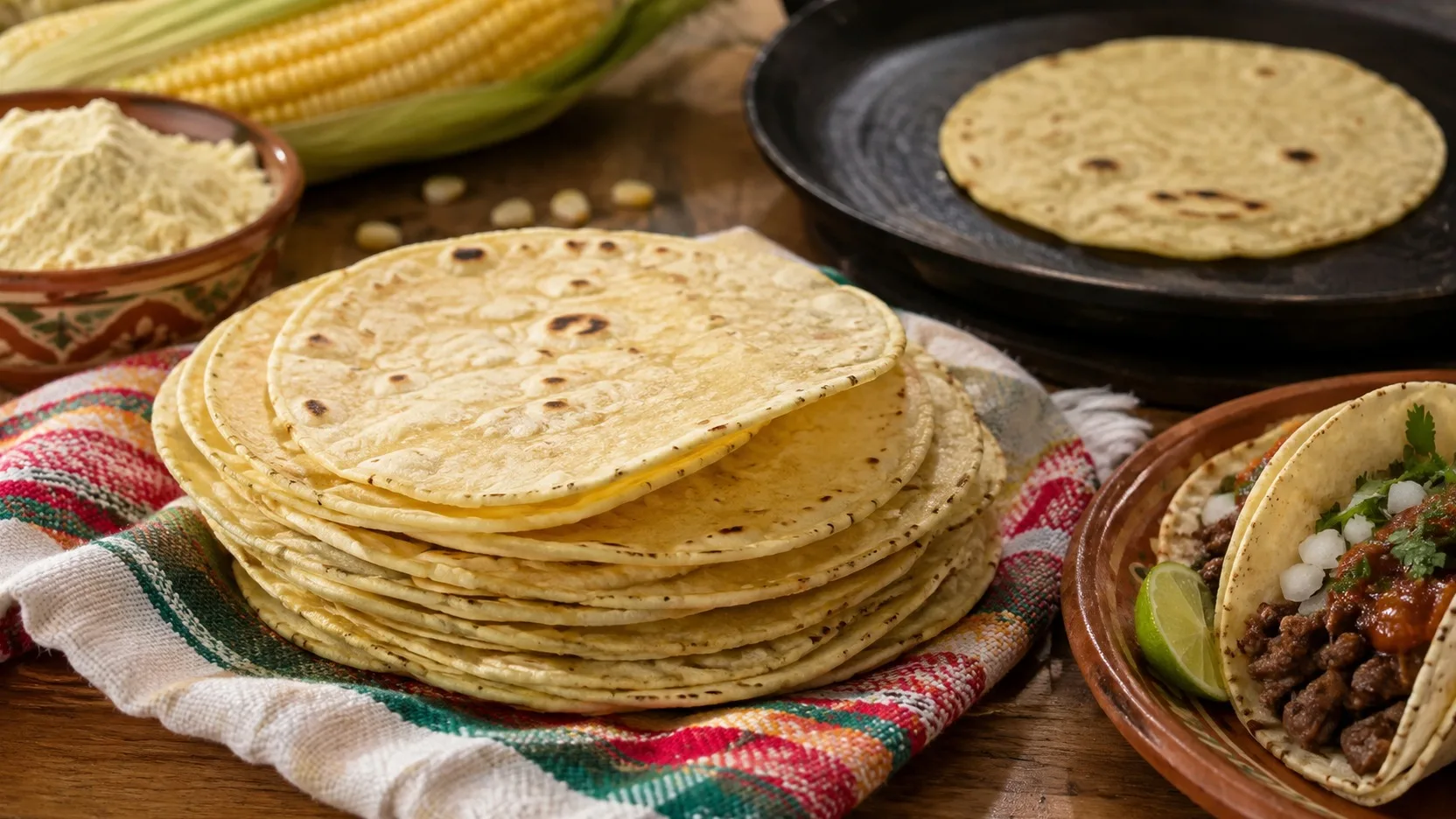 Pilha de tortillas de milho douradas sobre pano colorido, com farinha de milho e espiga ao fundo, uma tortilla no comal e tacos servidos ao lado.