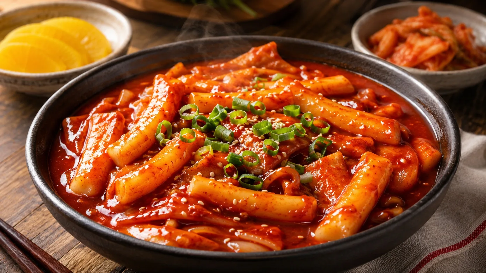 Tigela preta com tteokbokki coreano em molho vermelho brilhante de gochujang, com bolinhos de arroz cilíndricos, eomuk, cebolinha e gergelim.
