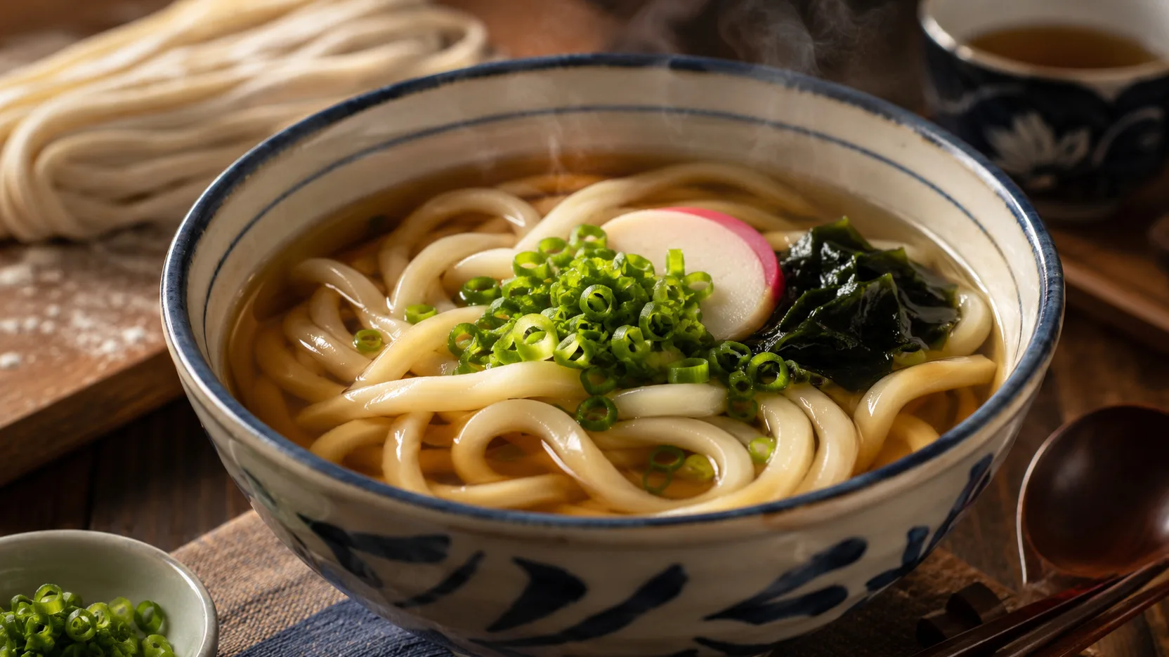 Tigela de udon caseiro com macarrão grosso em caldo kake claro, cebolinha, wakame e fatia de kamaboko, com fios de udon fresco ao fundo.