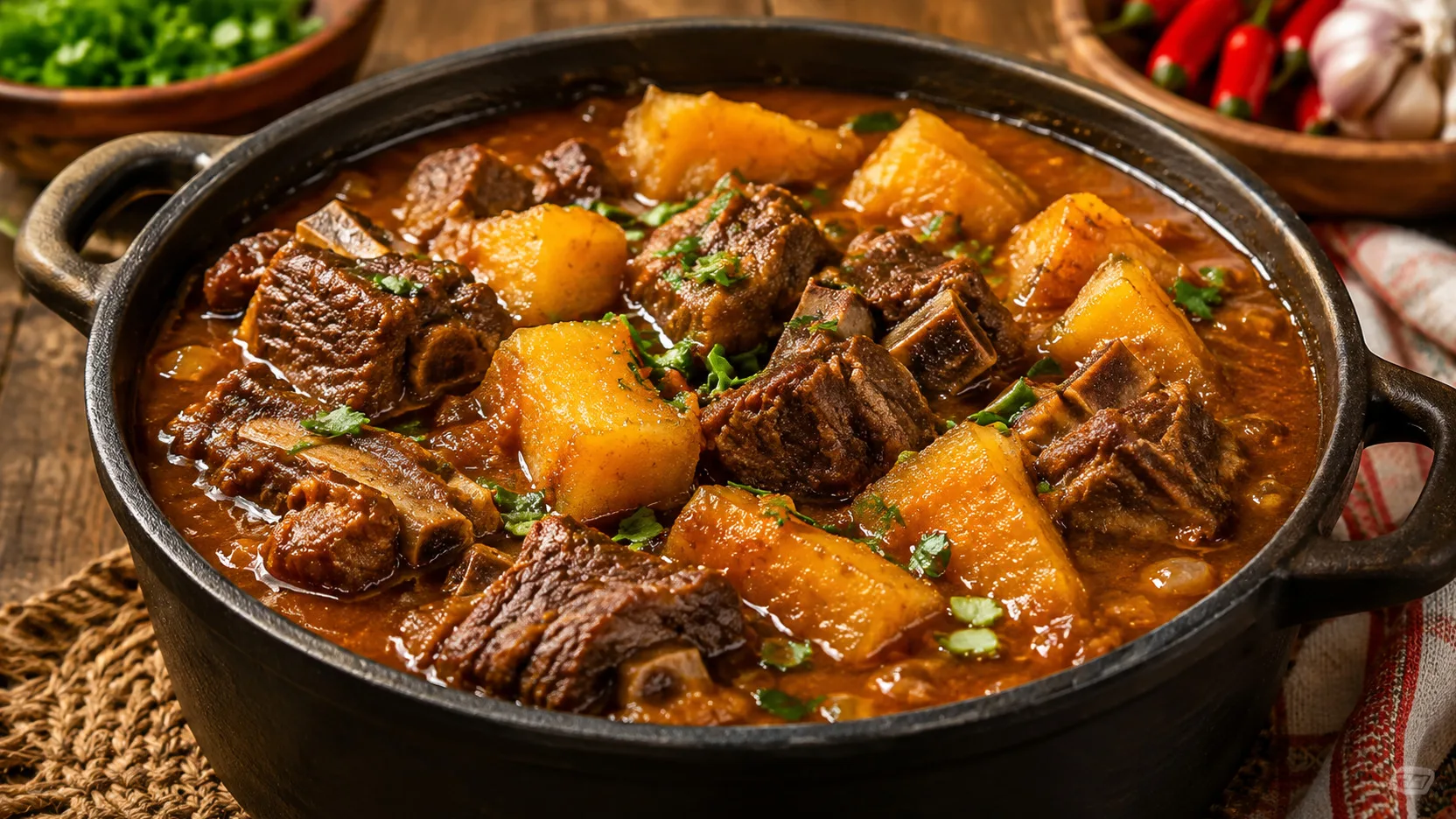 Vaca atolada servida em panela preta, com pedaços de costela bovina com osso e mandioca dourada em caldo espesso avermelhado, finalizada com ervas verdes sobre mesa rústica.