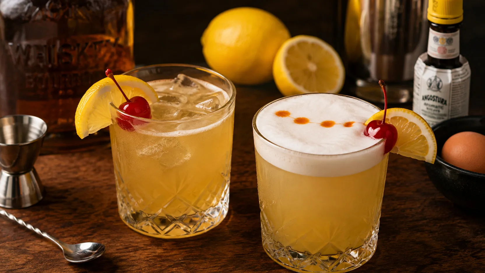 Dois copos de Whiskey Sour sobre balcão de madeira: um servido com gelo e outro com espuma branca, gotas de bitter, limão e cereja ao lado.