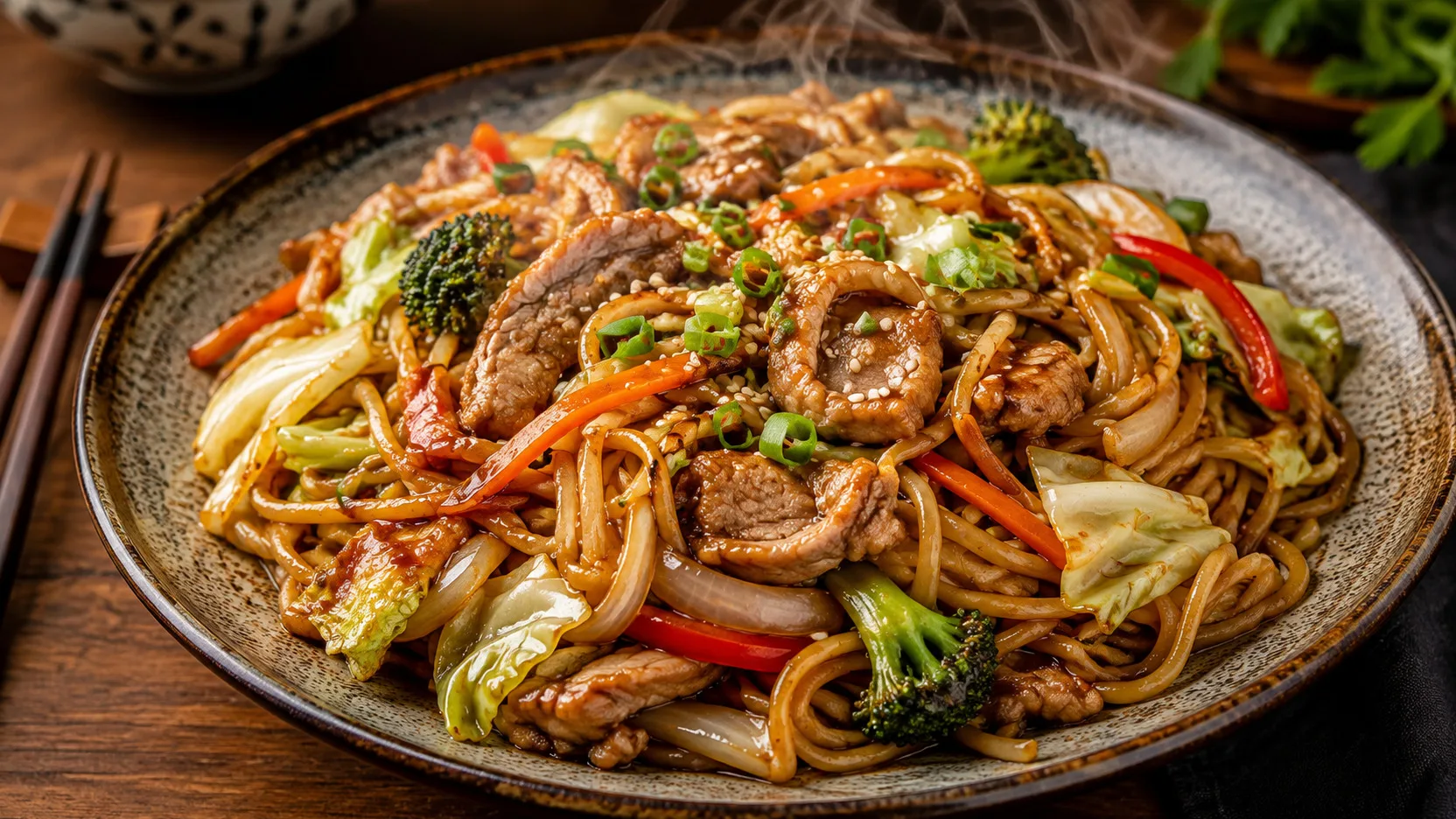Yakisoba japonês servido em prato de cerâmica, com macarrão salteado, tiras de carne suína, repolho, cenoura, pimentão vermelho, brócolis, cebola e cebolinha, cobertos por molho escuro e brilhante, finalizados com gergelim e com vapor visível.