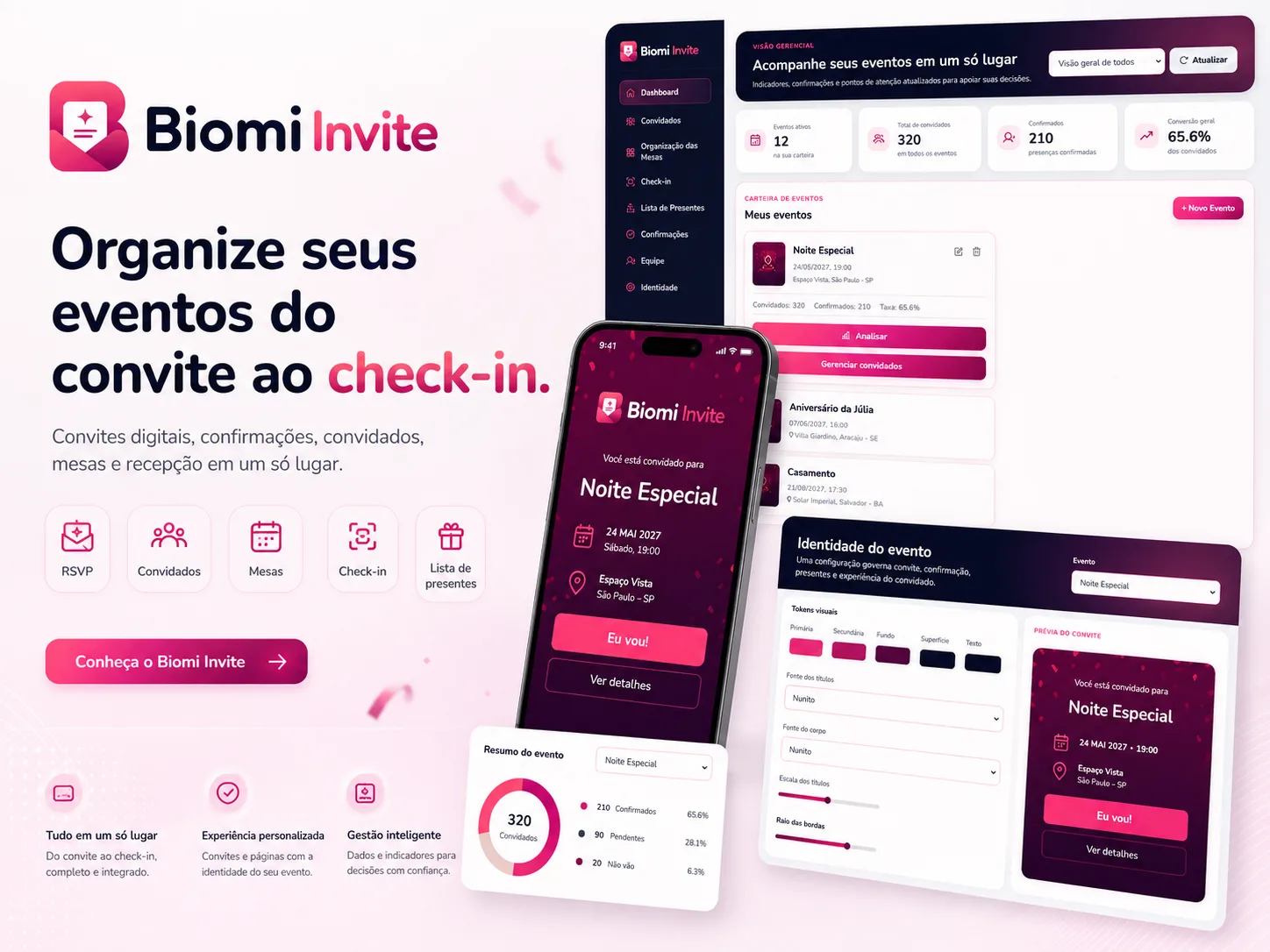 Biomi Invite — plataforma de convite digital, RSVP, gestão de convidados, mesas e check-in para eventos
