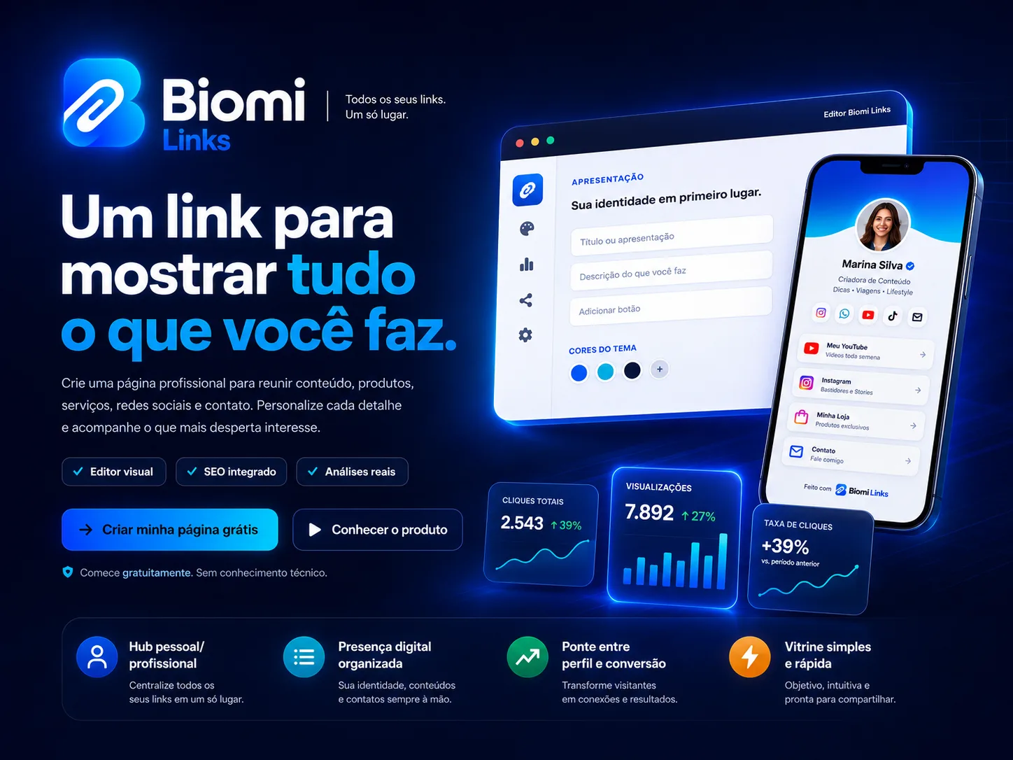 Biomi Links — plataforma para criar página de links personalizada com SEO e métricas de cliques