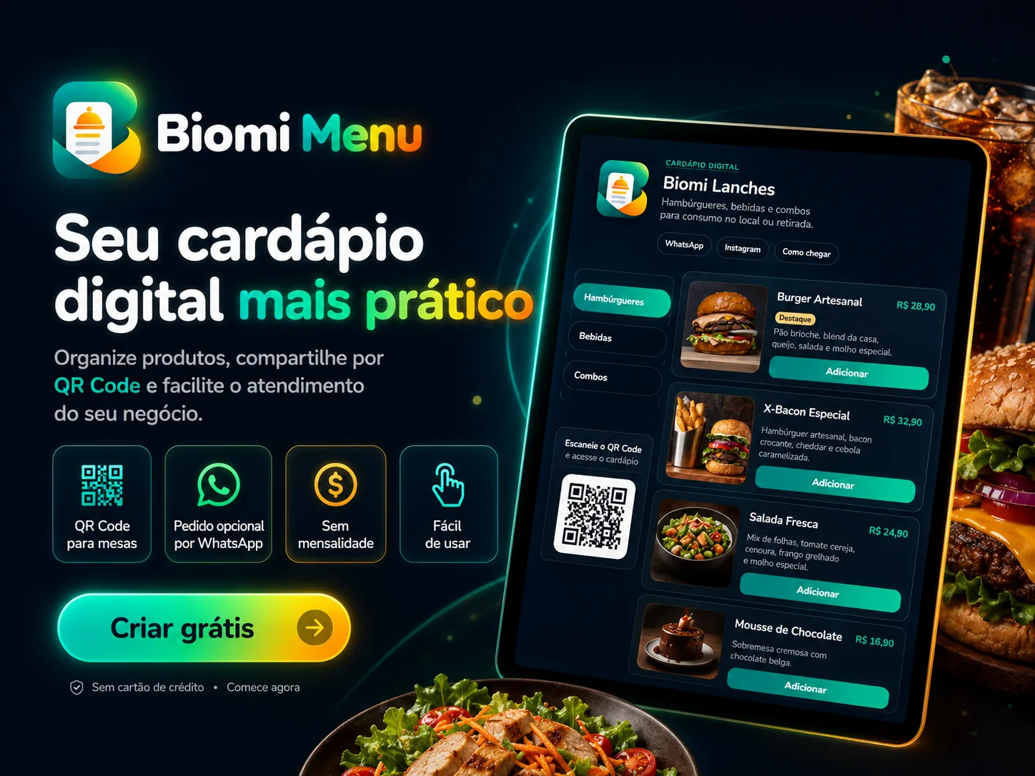 Biomi Menu — cardápio digital gratuito com produtos, fotos, preços e QR Code para pequenos negócios