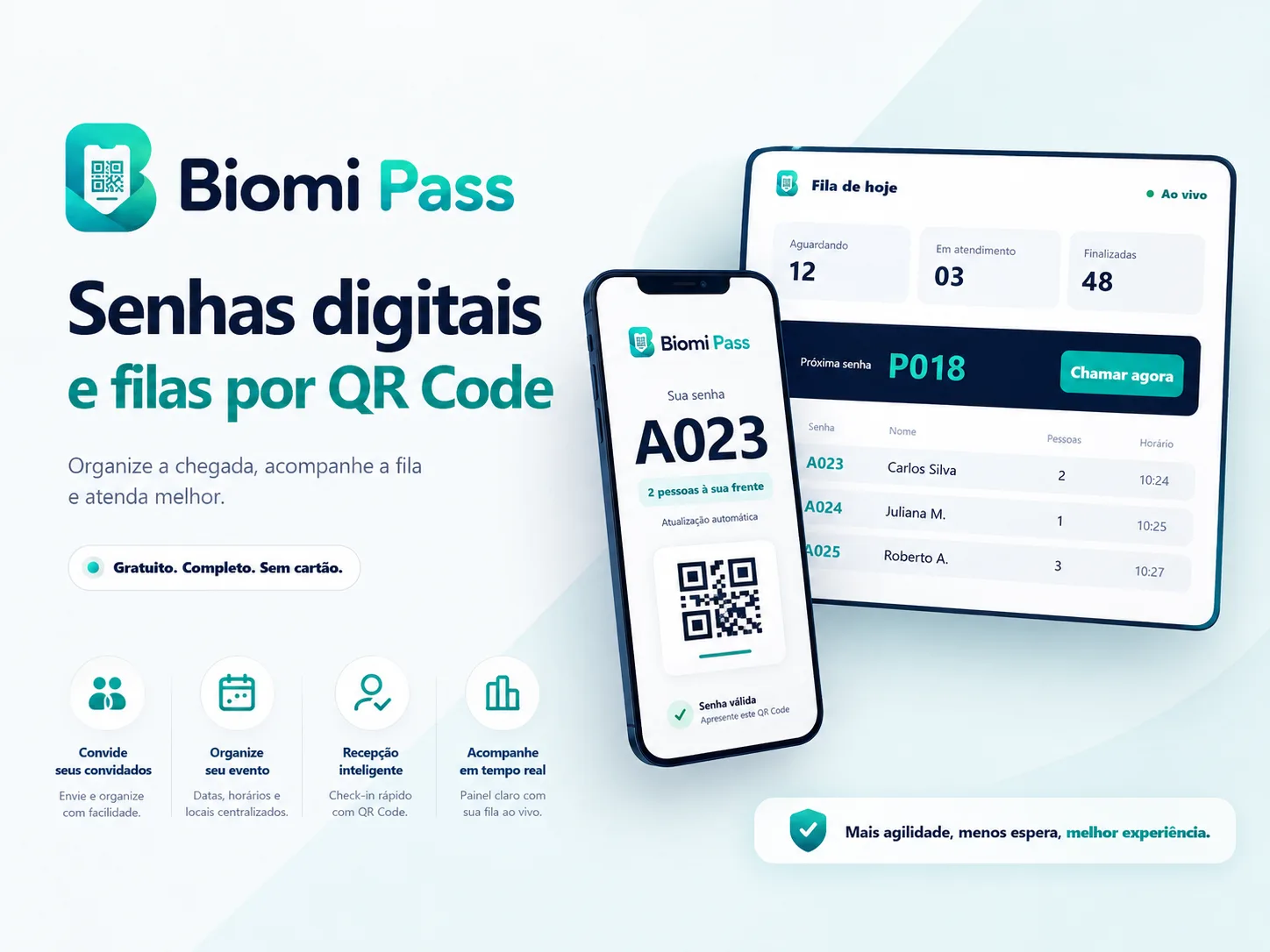 Biomi Pass — sistema de senhas online com fila virtual por QR Code, painel de atendimento e acompanhamento pelo celular